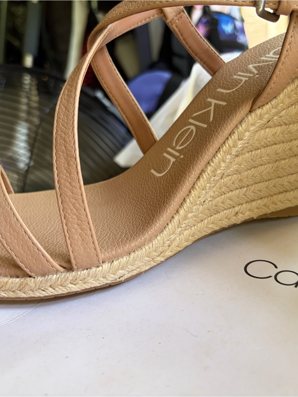 Calvin Klein Nude Cross-Strap Leather Sandals - Picture 6 of 14